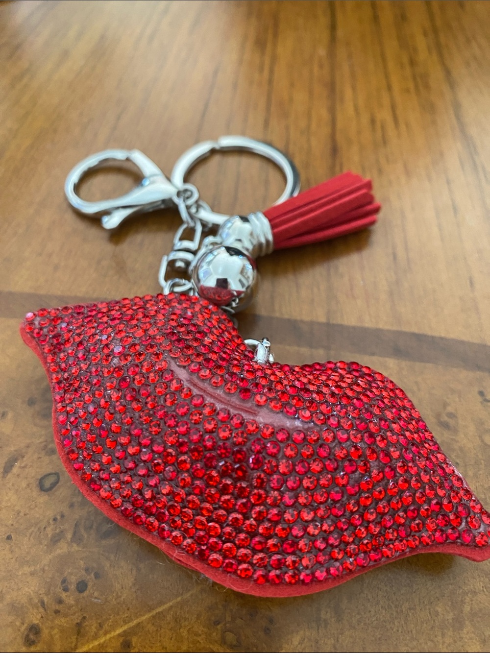 Red Crystal Lip Keyring with Tassel Accent